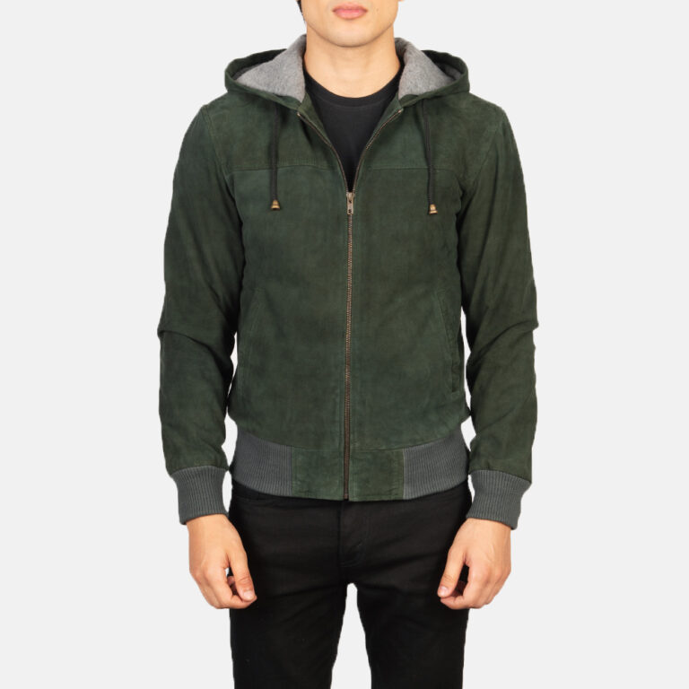 Mens Nintenzo Green Hooded Suede Jacket Close Front-5-1634135073312